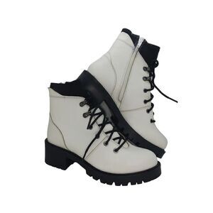 Enjoiya NEW Womens White Leather w/Black Combat Boots w/zipper on side - sz. 8
